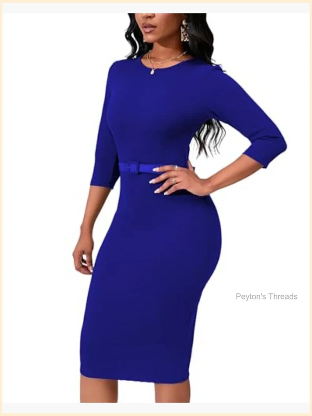 3/4 Sleeve Bodycon Pencil Midi Dress with Belt Crew Neck